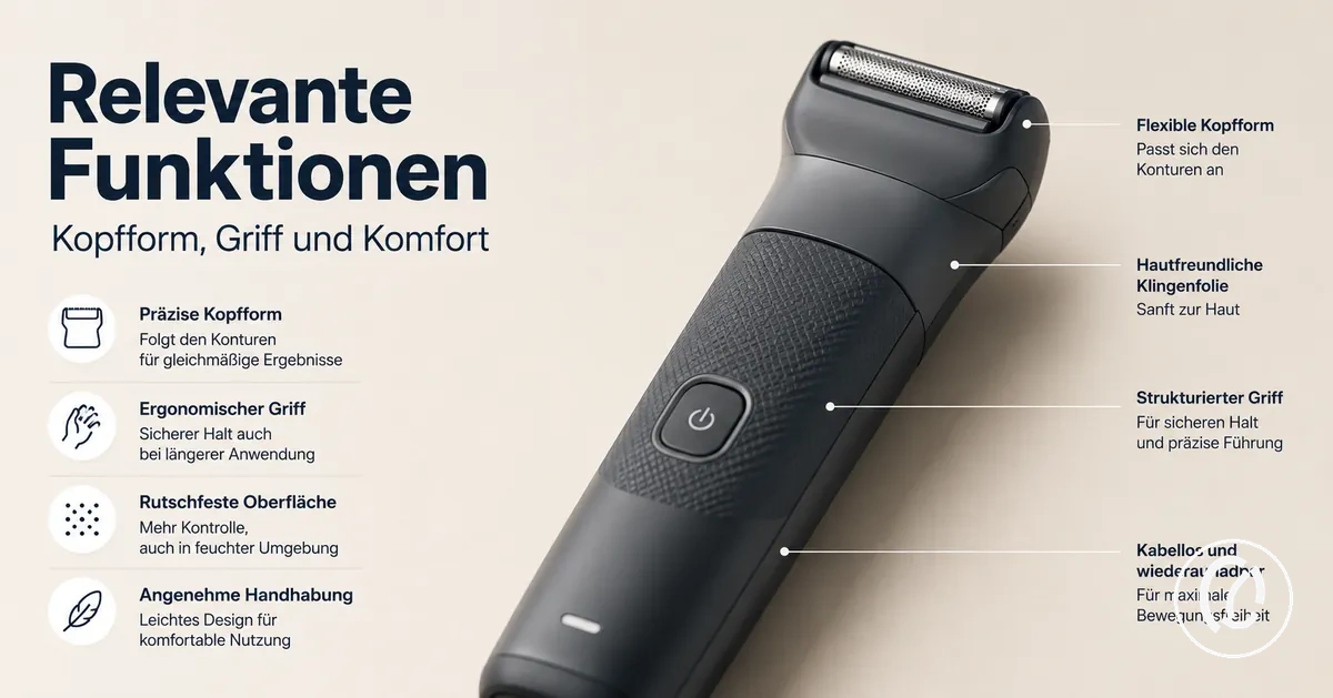 Nahaufnahme von Funktionen eines Tools zur Gesichtshaarentfernung wie Kopfform und Griff
