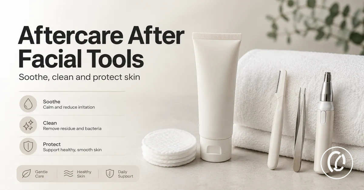 Aftercare items placed beside facial hair removal tools