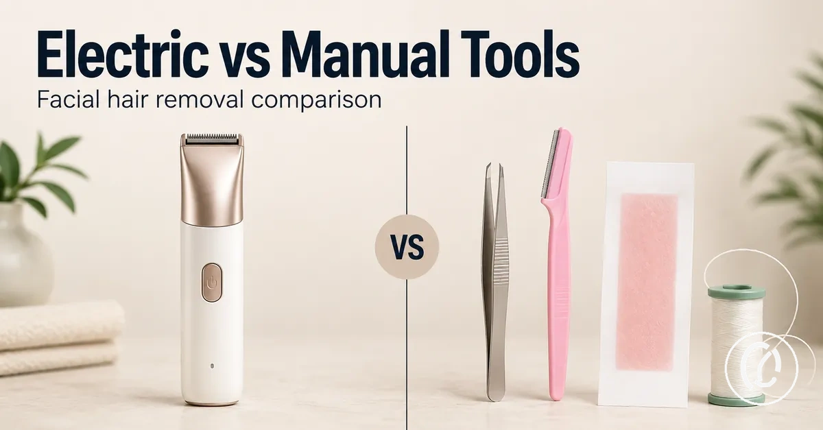 Electric and manual facial hair removal tools compared side by side