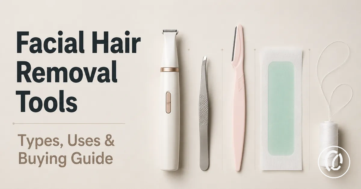 A set of facial hair removal tools arranged for comparing types and uses