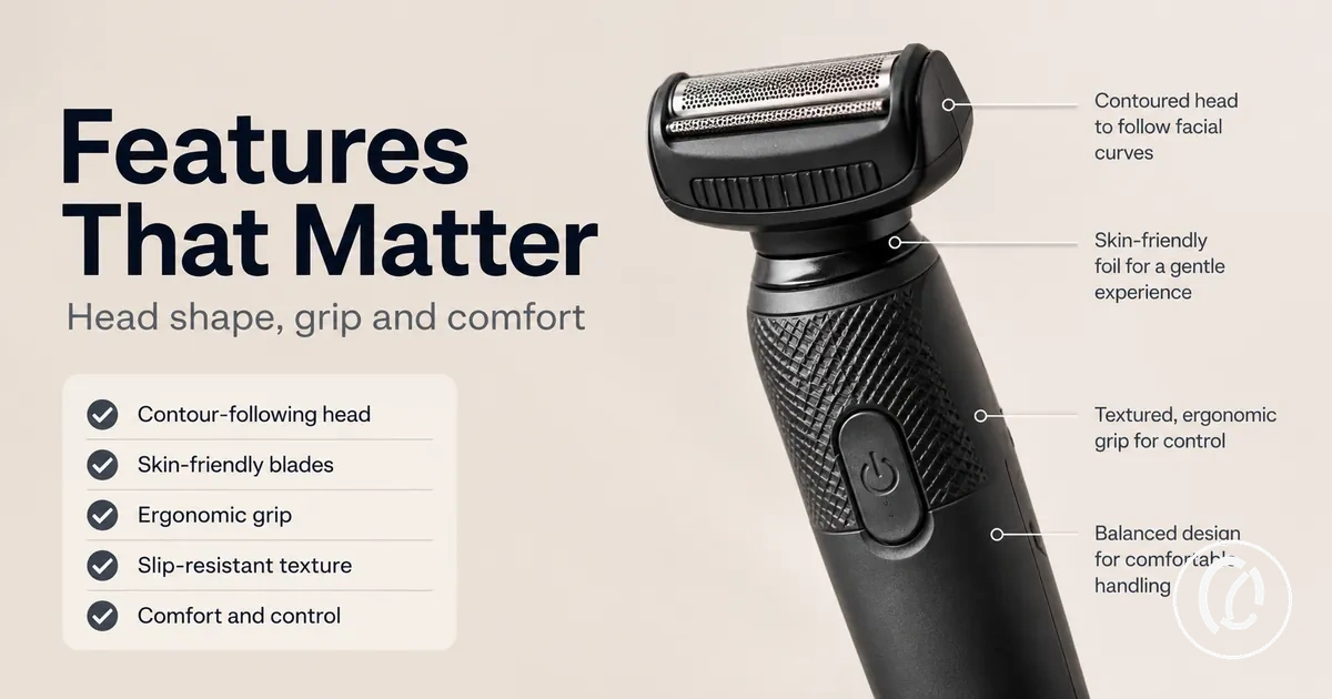 Close-up of facial hair removal tool features such as head shape and grip