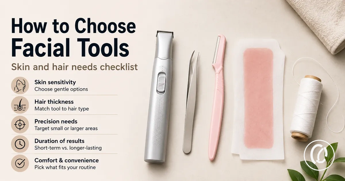 Facial hair removal tools displayed with selection criteria for skin and hair needs