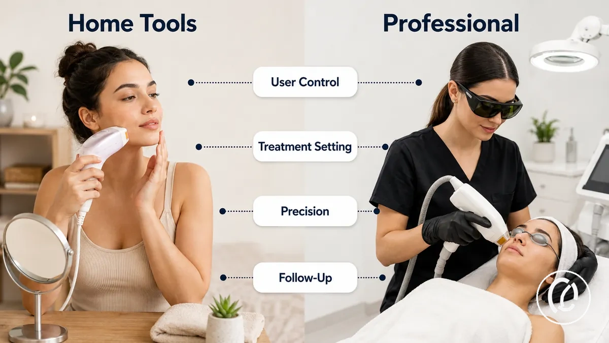 Comparison of home facial hair removal tools and professional treatments by setting and control
