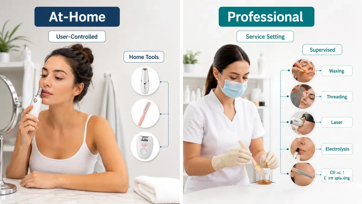 At-home facial hair removal tools and professional facial hair removal setting compared