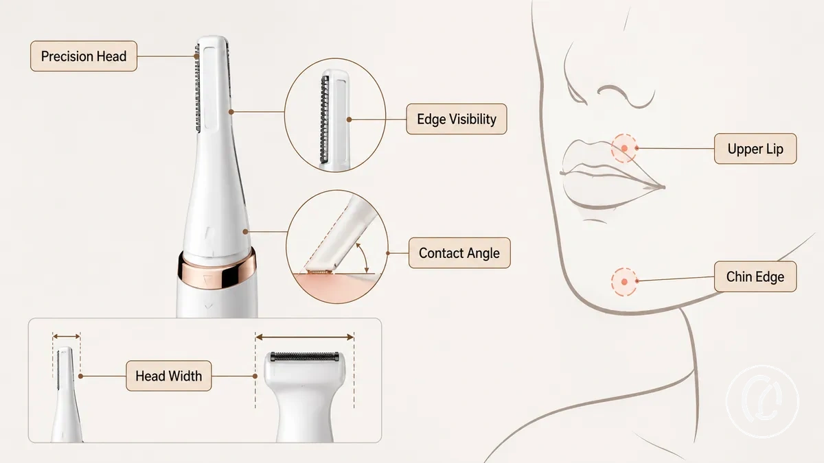 Precision facial hair remover head shown for small-area control around detailed facial zones