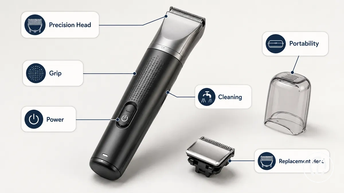 Annotated facial hair removal tool showing the head, grip, power control, and cleaning access