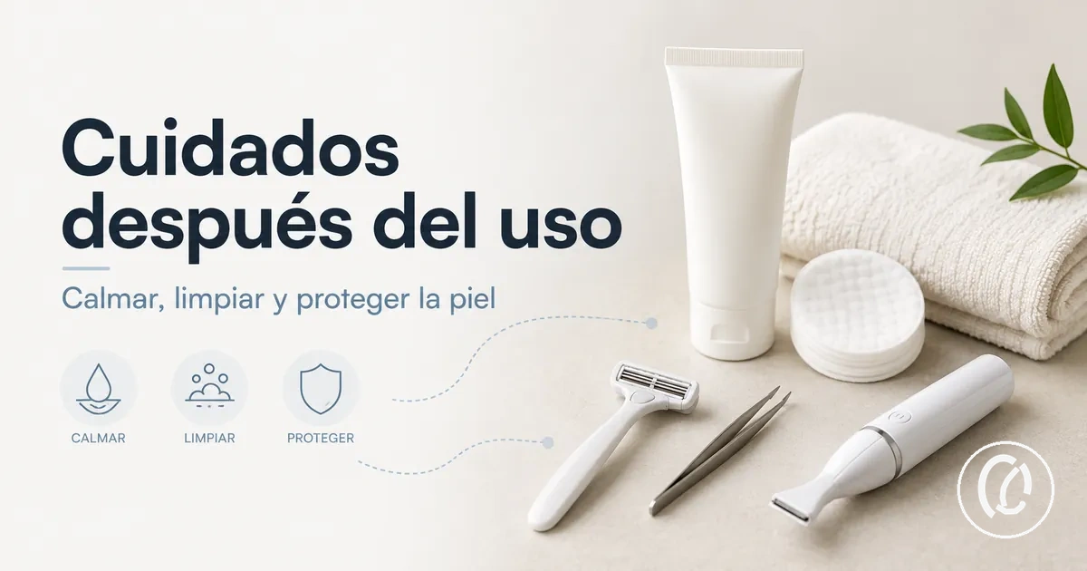 Productos de cuidado posterior colocados junto a herramientas para eliminar vello facial