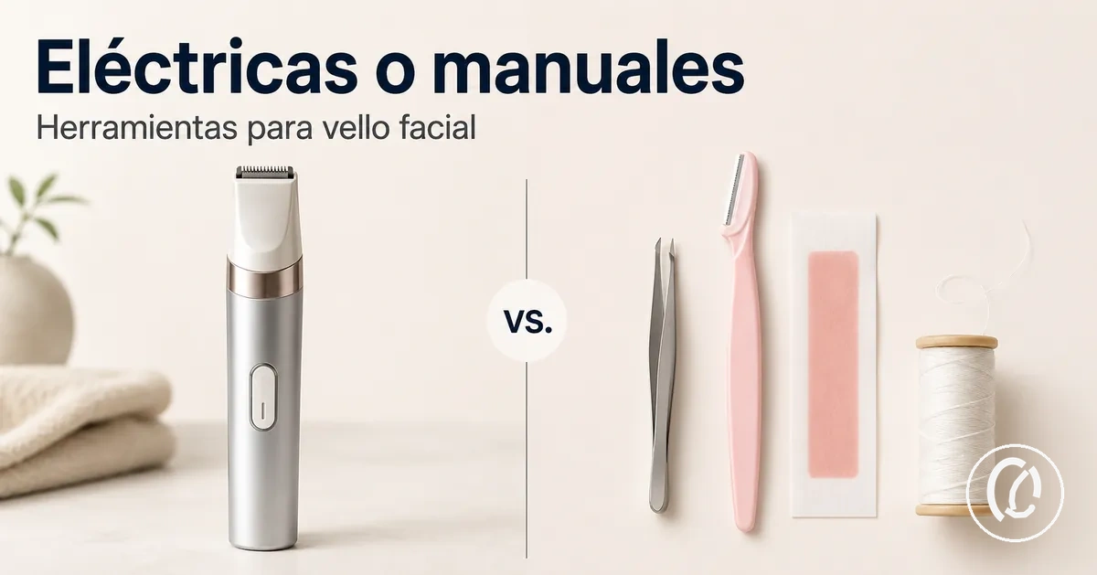 Herramientas eléctricas y manuales para eliminar vello facial comparadas una junto a otra