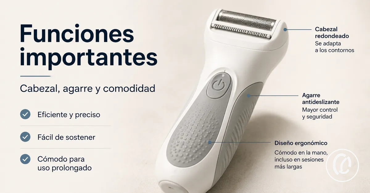Primer plano de una herramienta para eliminar vello facial con detalle del cabezal y el agarre