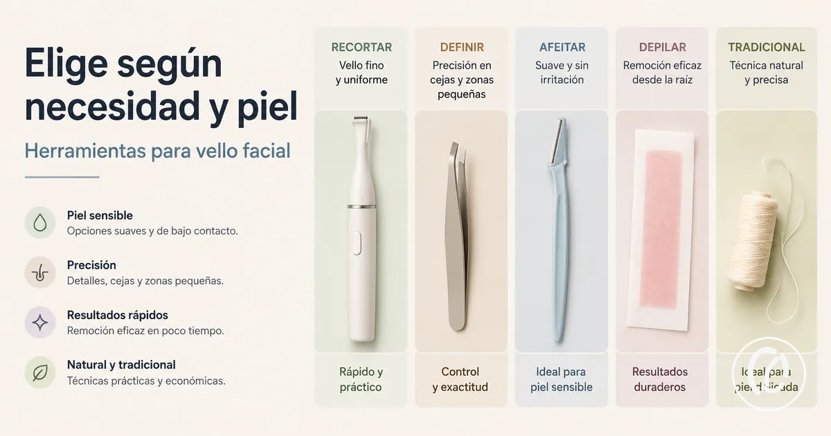 Herramientas para eliminar vello facial agrupadas por necesidad y tipo de piel