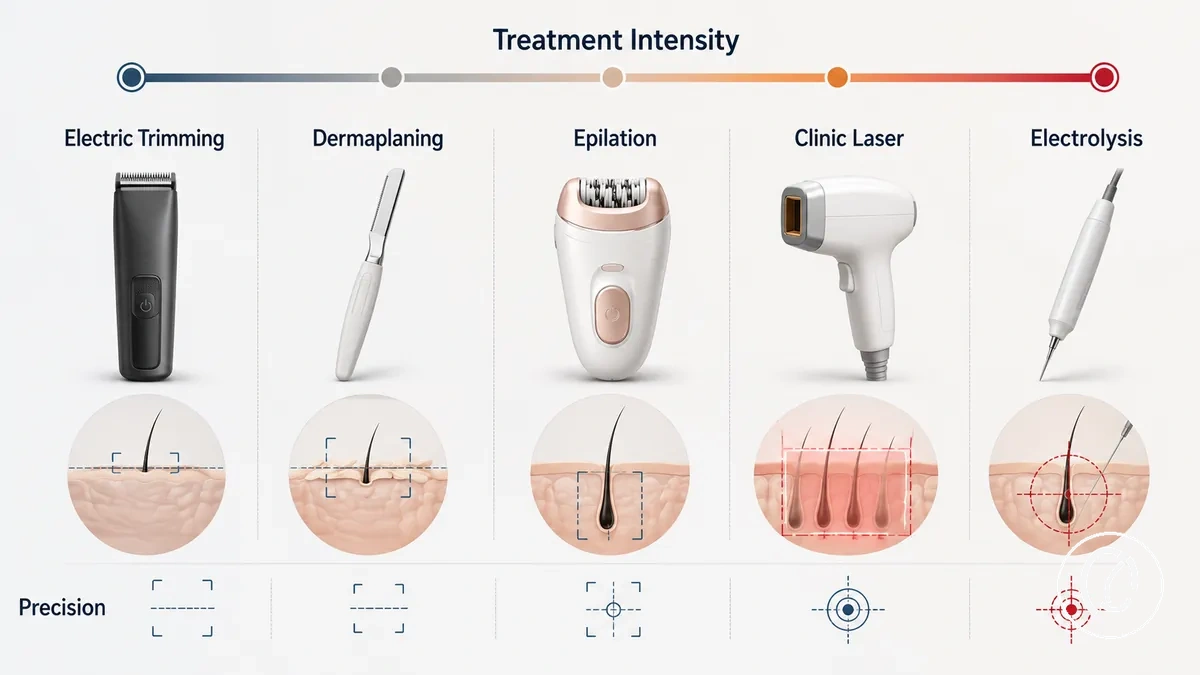 Métodos de depilación facial comparados por nivel de potencia y precisión