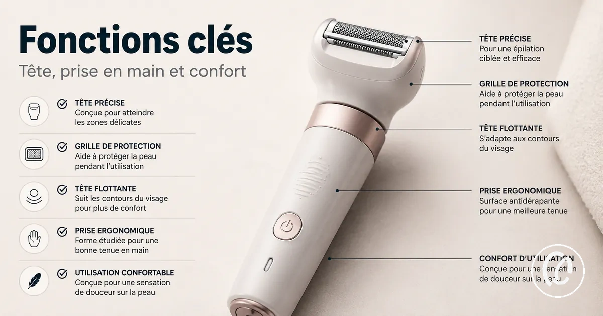 Gros plan sur les fonctions d’un outil d’épilation du visage, comme la forme de la tête et la prise en main