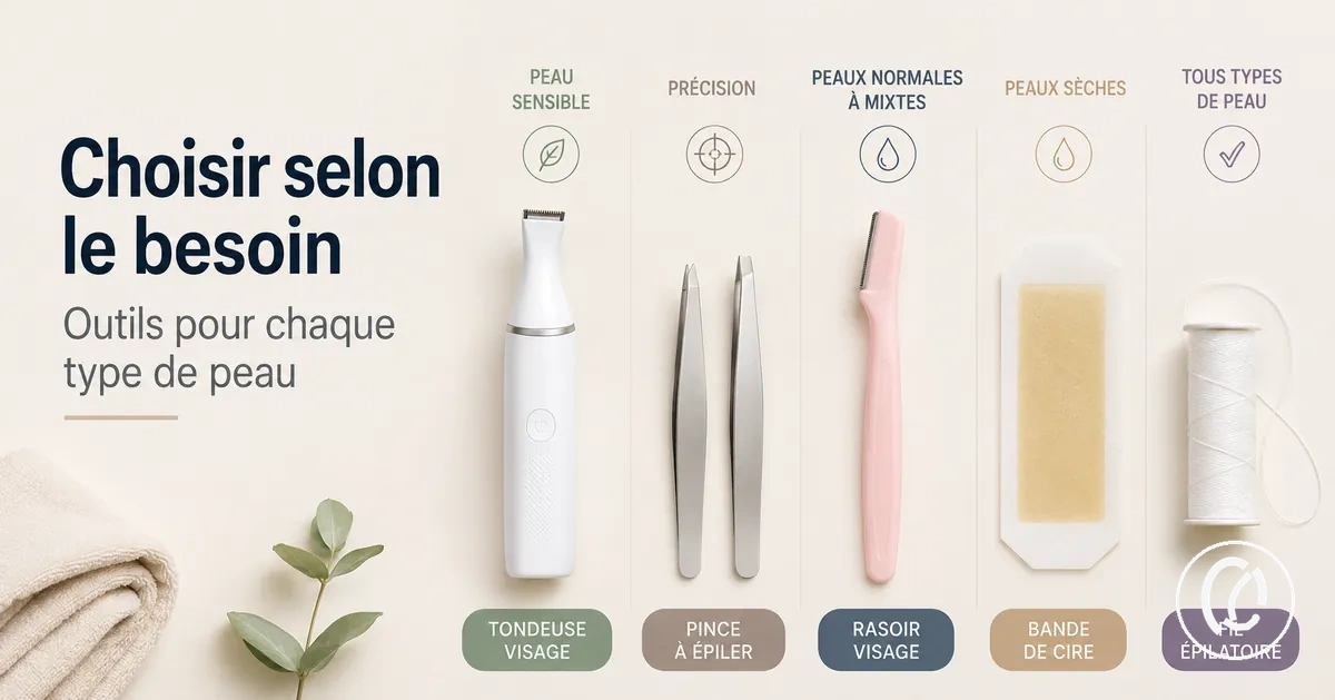 Outils d’épilation du visage regroupés par besoin et type de peau