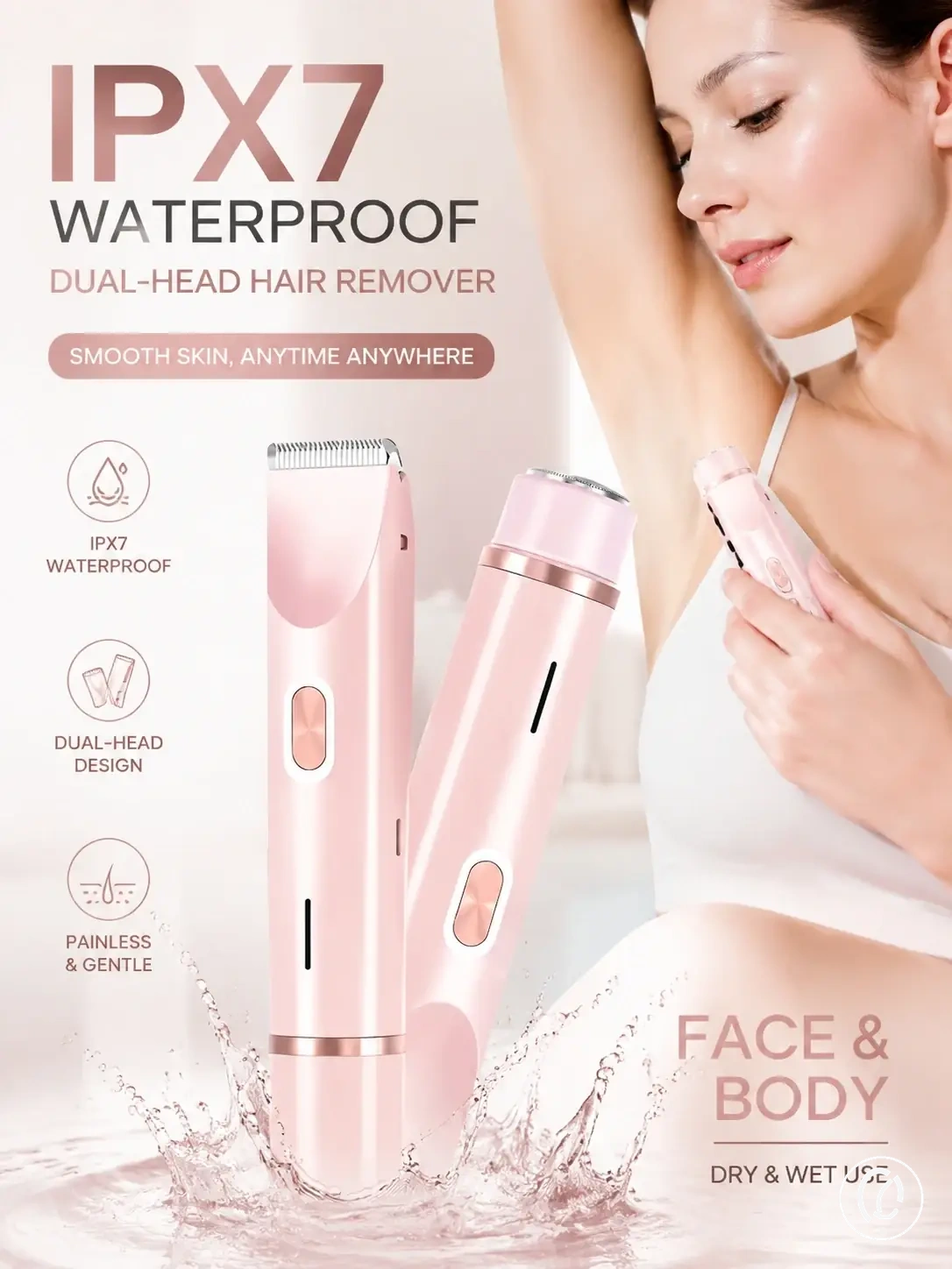 Rasoir électrique IPX7 étanche à double tête pour tonte humide et sèche du visage et du corps