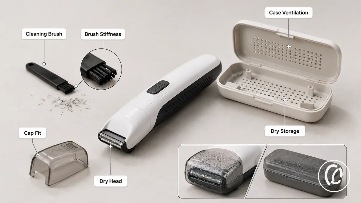 Épilateur facial avec brosse de nettoyage, capuchon et étui de rangement disposés sur une surface sèche