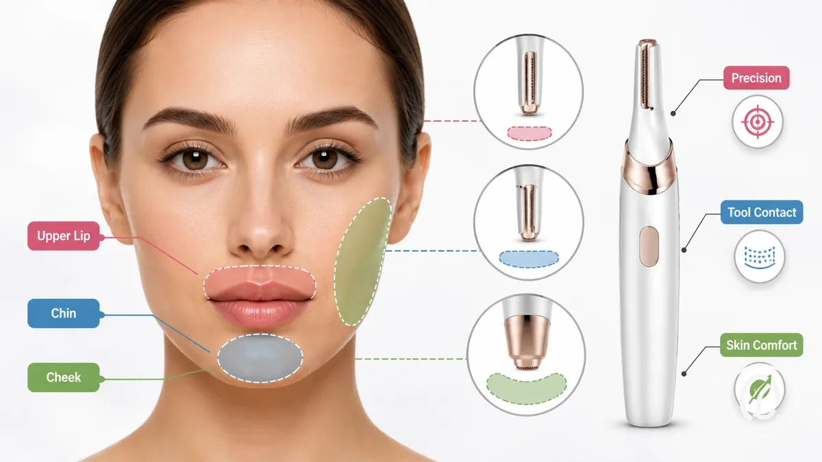 Diagramme montrant la compatibilité des outils d’épilation du visage pour les zones de la lèvre supérieure, du menton et des joues
