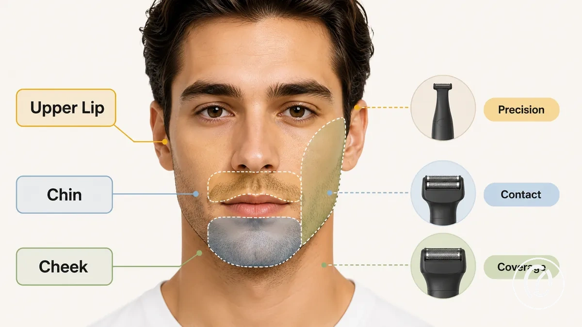 Diagramme annoté des zones du visage comparant les besoins d’épilation de la lèvre supérieure, du menton et des joues