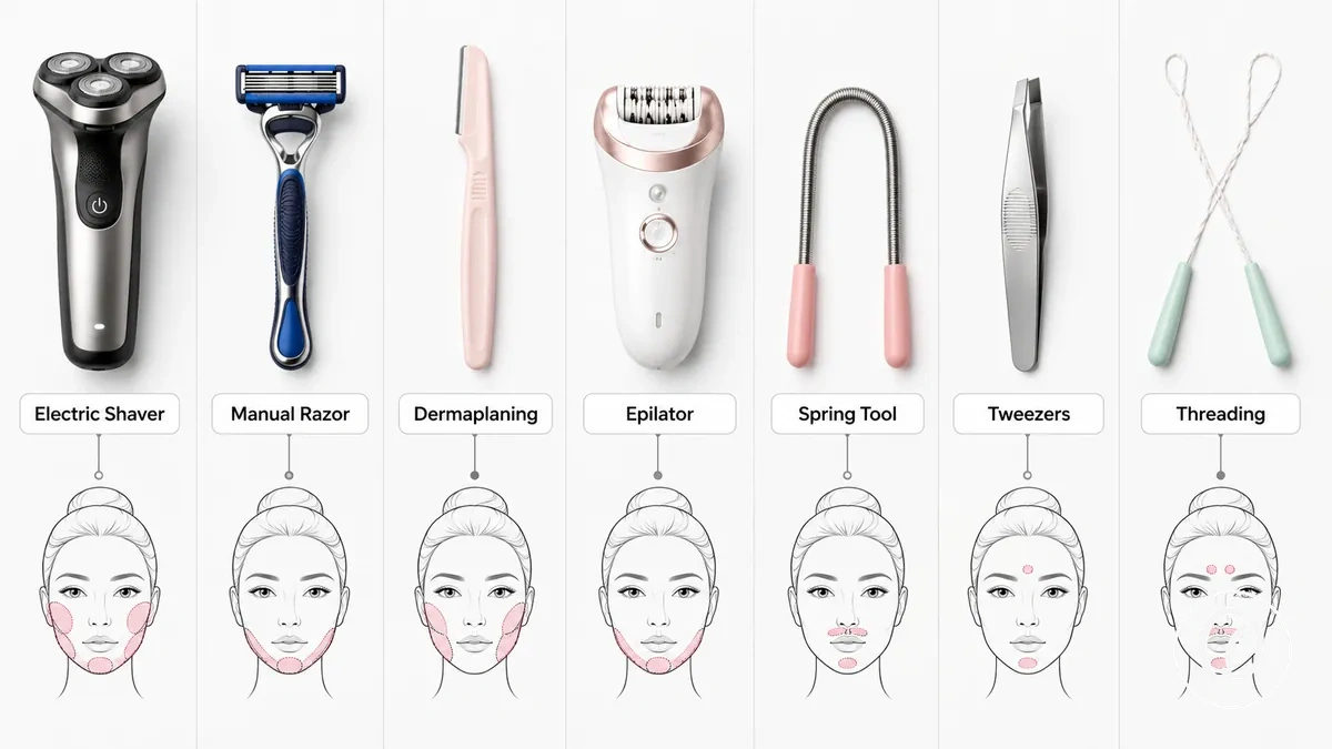 Principaux types d’outils d’épilation du visage à domicile côte à côte