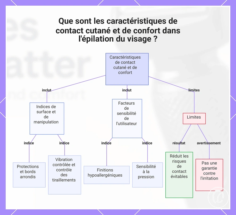 Que sont les caractéristiques de contact cutané et de confort dans l'épilation du visage ?