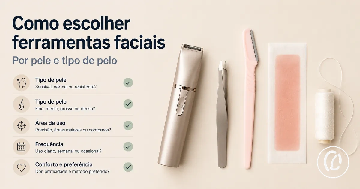 Ferramentas para remover pelos faciais exibidas com critérios de escolha por pele e tipo de pelo