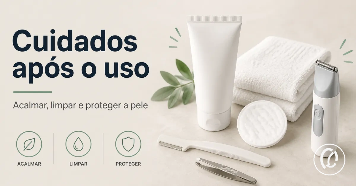 Itens de cuidado pós-uso posicionados ao lado de ferramentas para remover pelos faciais