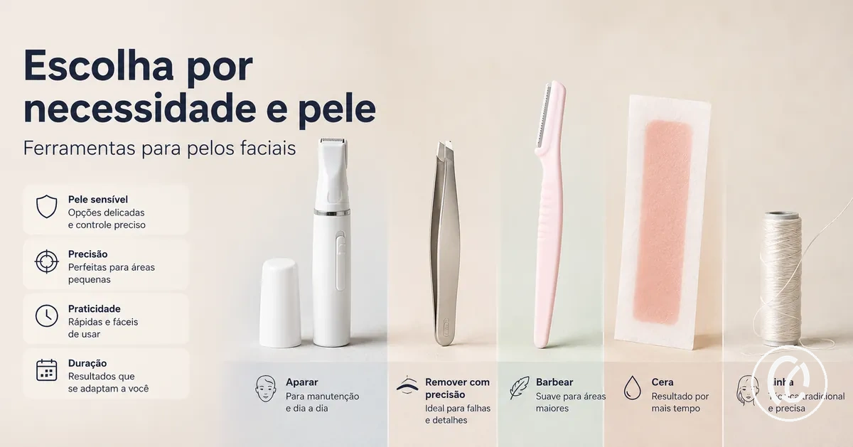 Ferramentas para remover pelos faciais agrupadas por necessidade e tipo de pele
