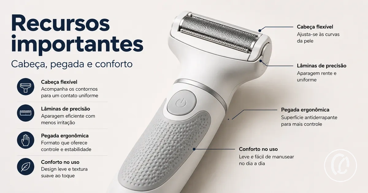 Detalhe dos recursos de uma ferramenta para remover pelos faciais, como formato da cabeça e pegada