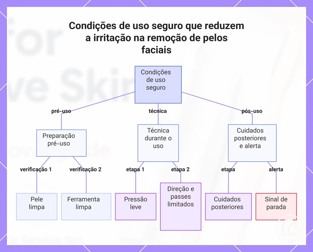Condições de uso seguro que reduzem a irritação na remoção de pelos faciais