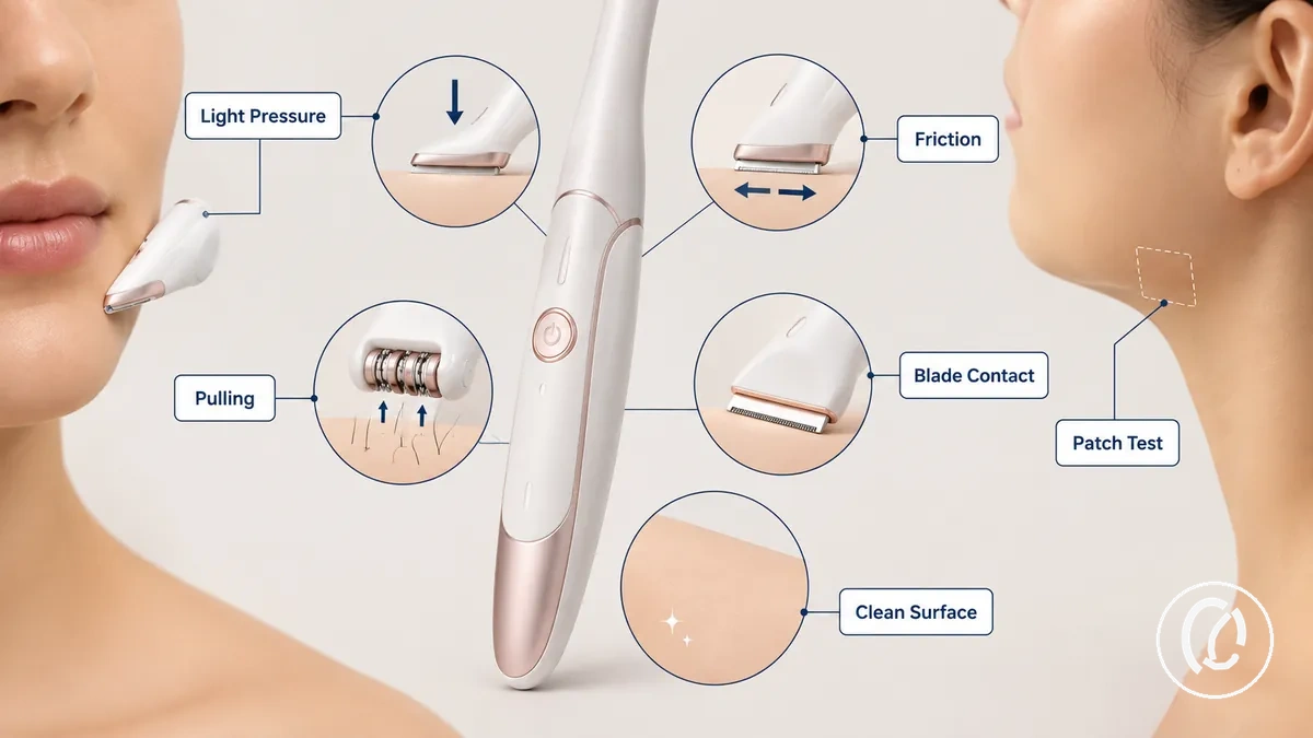Pontos de contato de ferramenta suave para remover pelos faciais mostrando fatores de conforto e risco de irritação