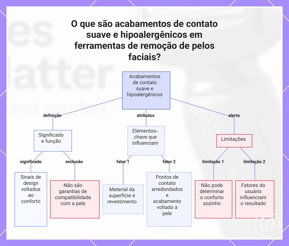 O que são acabamentos de contato suave e hipoalergênicos em ferramentas de remoção de pelos faciais?