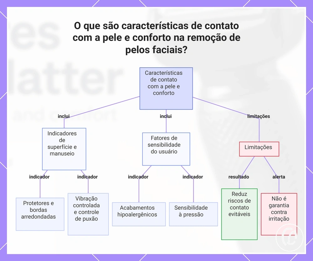 O que são características de contato com a pele e conforto na remoção de pelos faciais?