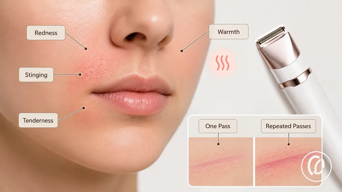 Ilustração anotada mostrando vermelhidão leve, calor, ardor e sensibilidade após o uso de ferramenta de remoção de pelos faciais