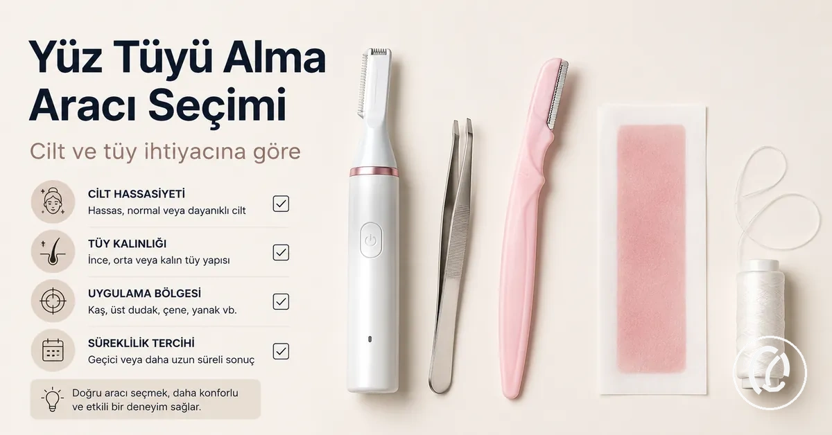Cilt ve tüy ihtiyacına göre seçim kriterleriyle gösterilen yüz tüyü alma araçları