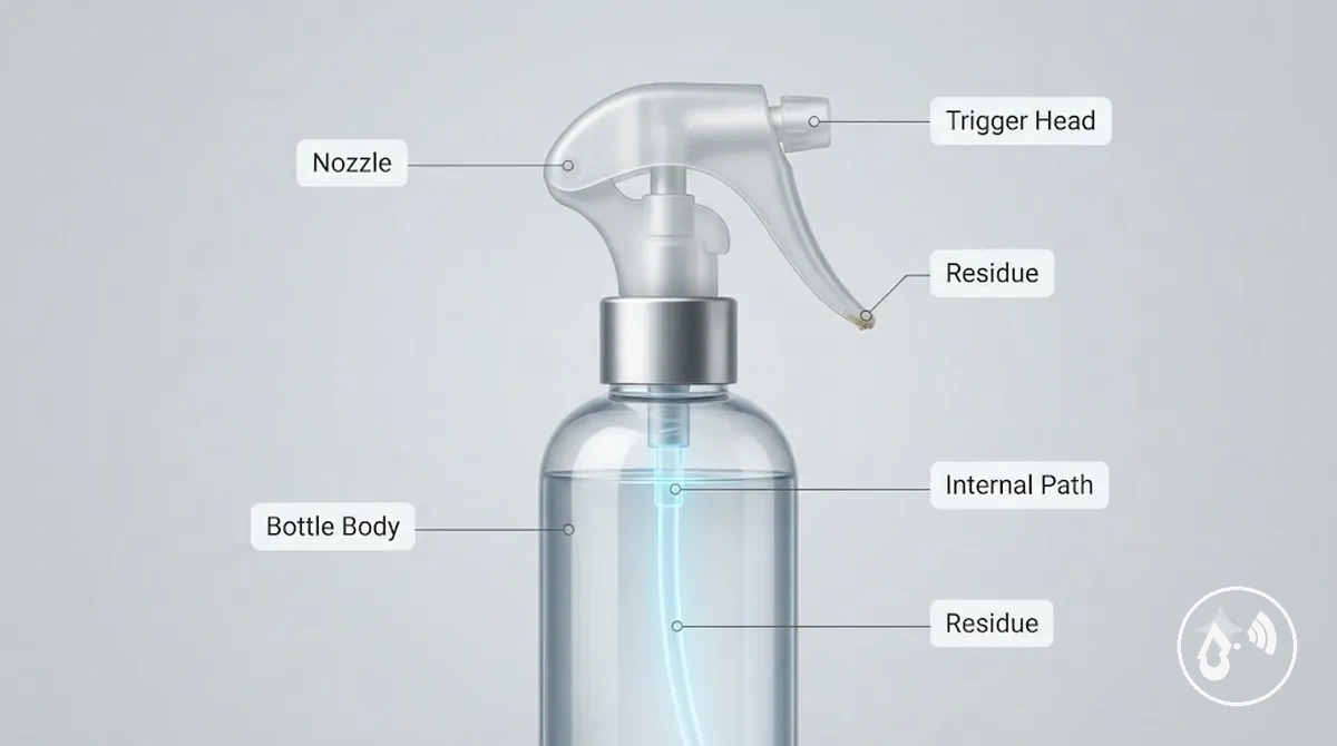Kontinuierliche Sprühflasche mit Bereichen, die regelmäßige Reinigung und Pflege benötigen