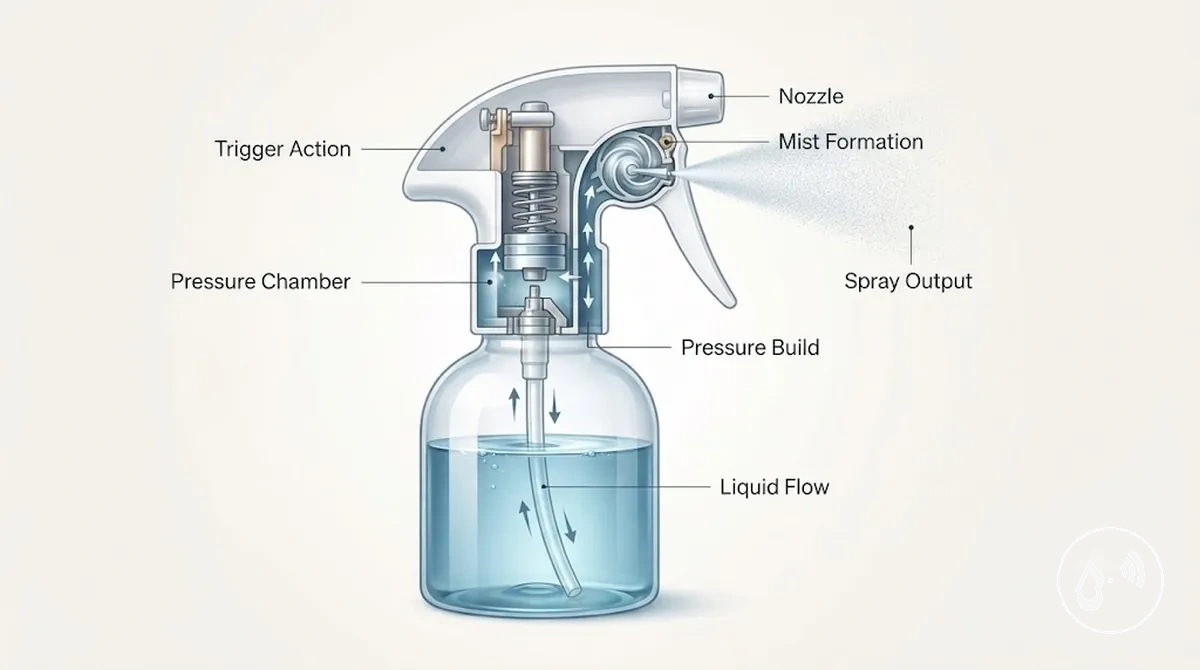 Vorkompressionsmechanismus mit Druckkammer und Düsenzerstäubung in einer kontinuierlichen Sprühflasche
