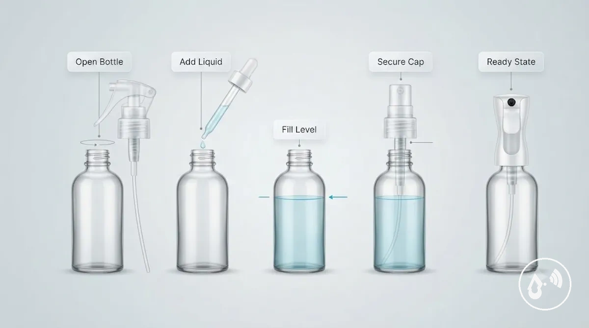 Steps for filling a continuous mist spray bottle before use