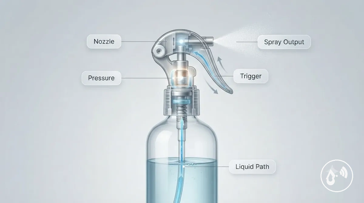 Priming a continuous mist spray bottle trigger and nozzle mechanism
