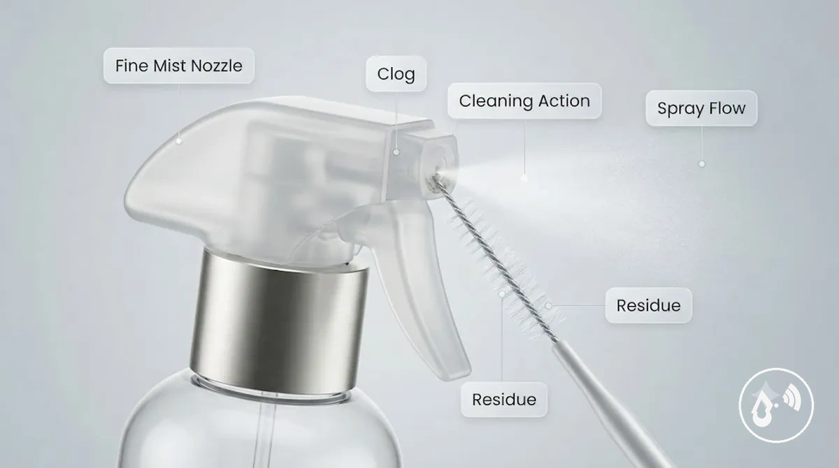 Fine mist nozzle showing a small blockage area and cleaning action