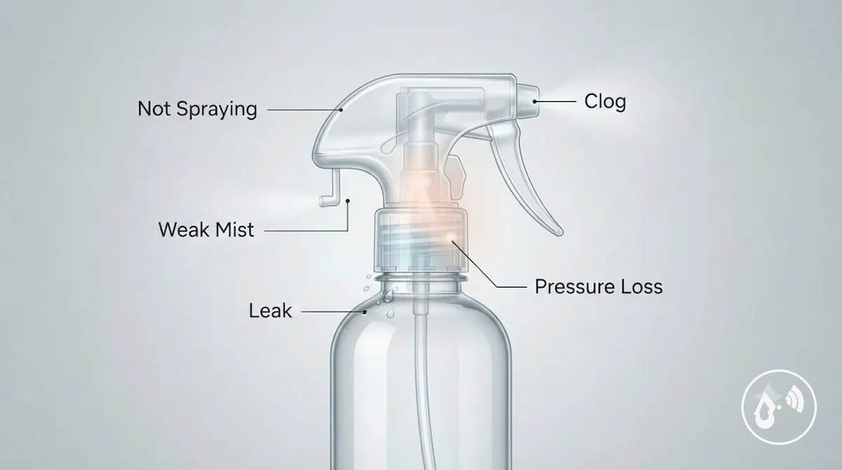 Continuous mist spray bottle symptoms labelled by spray, leak, and pressure problem