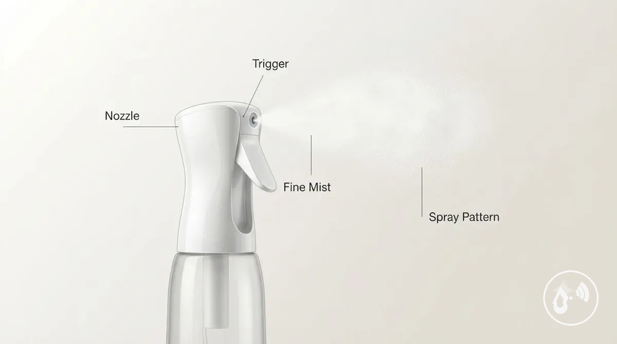 Continuous mist spray bottle showing fine mist spray characteristics