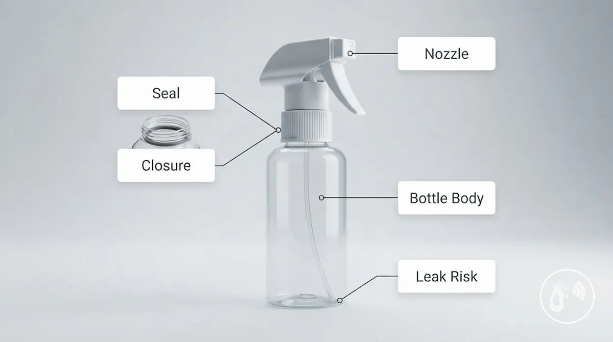 Continuous mist spray bottle seals and closure design evaluation
