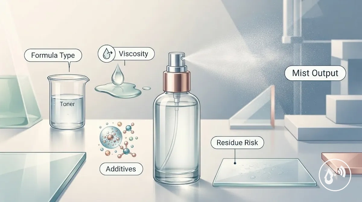Toners and diluted formulas evaluated for fine mist sprayer compatibility