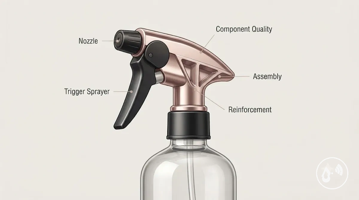 Continuous mist spray bottle trigger and sprayer components labeled