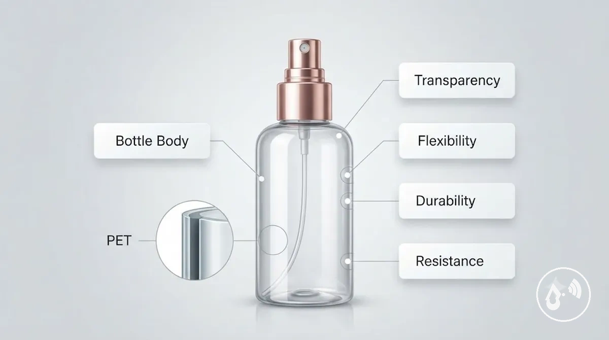 Pulverizador de niebla continua que muestra propiedades del material del cuerpo transparente