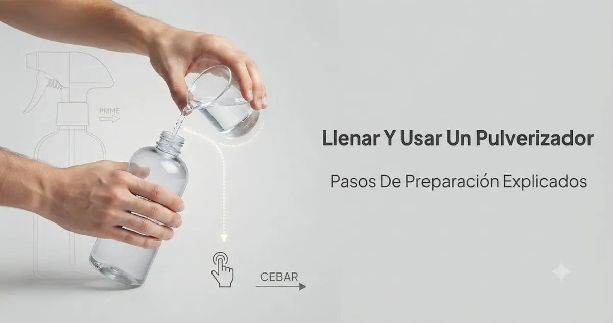 Manos llenando y cebando un pulverizador de niebla continua antes del uso